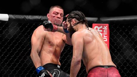 NEW YORK, NEW YORK - NOVEMBER 02: Nate Diaz of the United States (L) fights against Jorge Masvidal of the United States in the Welterweight "BMF" championship bout during UFC 244 at Madison Square Garden on November 02, 2019 in New York City. (Photo by Steven Ryan/Getty Images)
