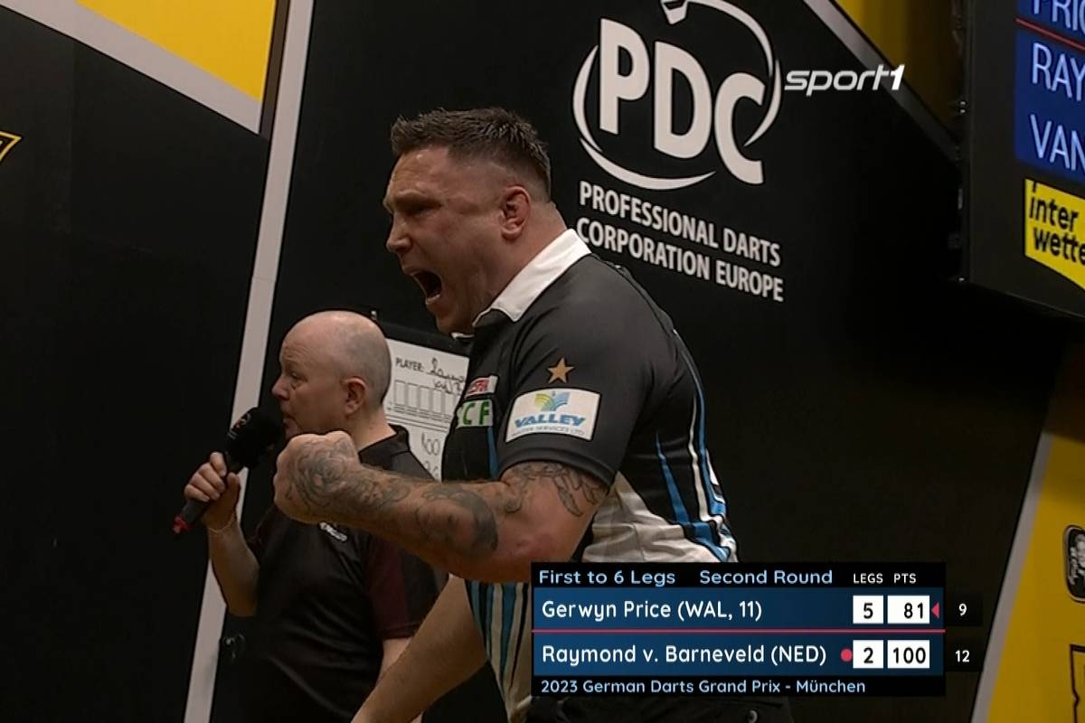 Gerwyn Price lässt gegen Raymond van Barneveld beim German Darts Grand Prix in München nichts anbrennen und zieht mit einem 6:2 in die nächste Runde ein.