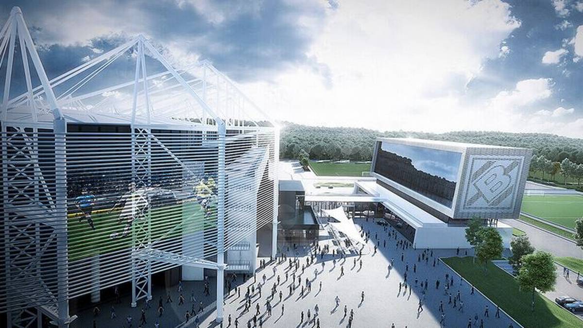 Futuristischer Neubau bei Borussia Mönchengladbach: Neben dem Borussia-Park soll bis Mitte 2018 ein siebenstöckiger Anbau entstehen, der auf 15.000 Quadratmetern unter anderem ein Vereinsmuseum und ein Hotel mit 131 Zimmern beherbergen wird