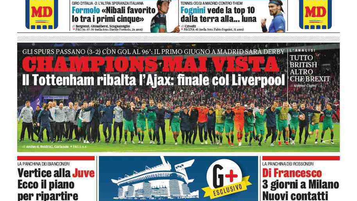 La Gazetta dello Sport (Italien): "Verrücktes Tottenham. Sie gewinnen in der 95. Minute im Stadion von Ajax und stehen im Finale"