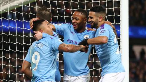 MANCHESTER, ENGLAND - DECEMBER 21: Gabriel Jesus of Manchester City celebrates with teammates after scoring his team's third goal during the Premier League match between Manchester City and Leicester City at Etihad Stadium on December 21, 2019 in Manchester, United Kingdom. (Photo by Clive Brunskill/Getty Images)