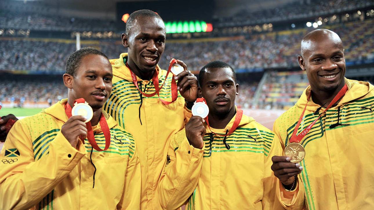 Die ehemalige Gold-Staffel von 2008: Michael Frater, Usain Bolt, Nesta Carter, Asafa Powell (v.l.)