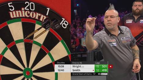 Was für eine Wahnsinns-Aufholjagd von Peter Wright im Grand Slam of Darts Halbfinale gegen Michael Smith. Nach 12:8-Rückstand dreht er das Spiel dank 170er-Finish zum 16:12. "Snakebite" trifft im Grand Slam-Finale auf Weltmeister Gerwyn Price. 