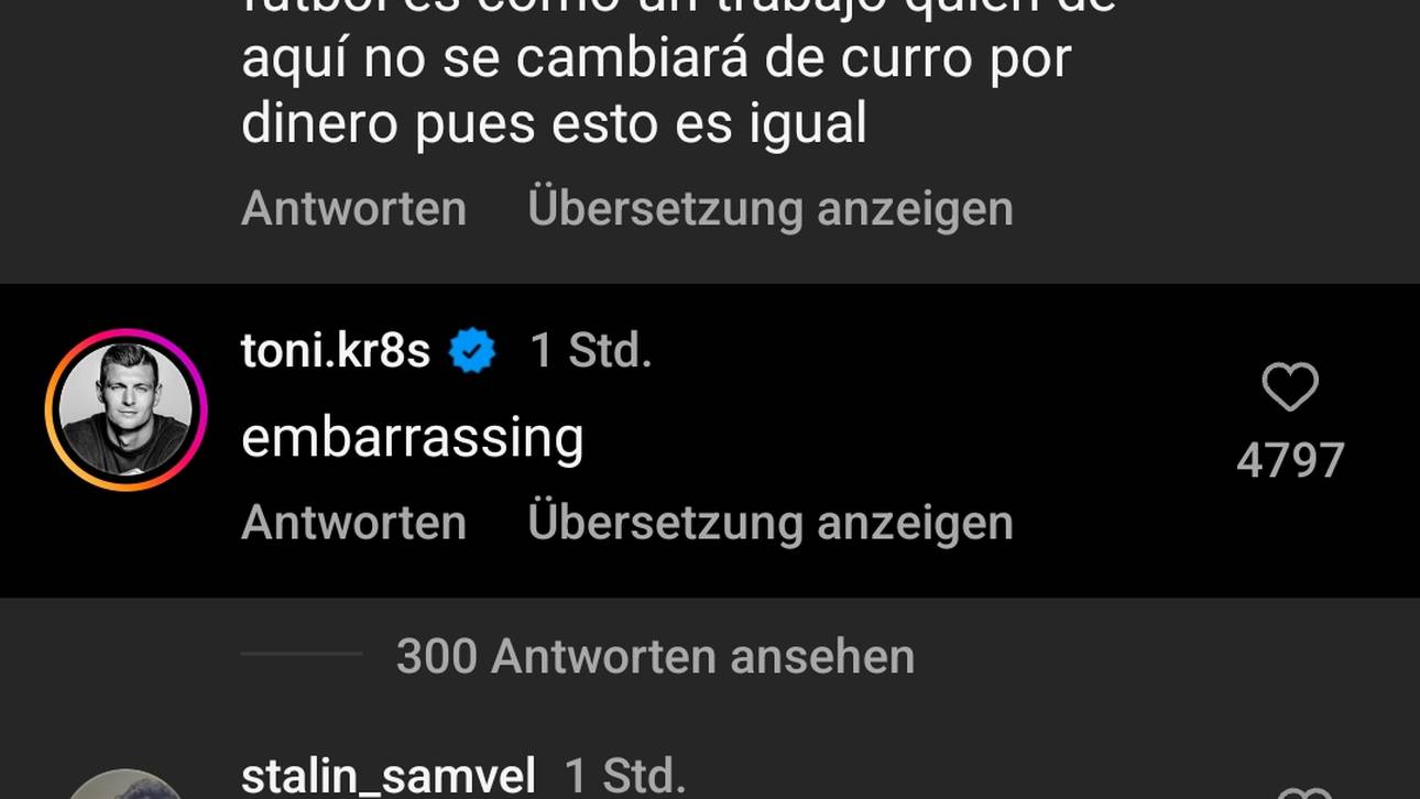 Toni Kroos kommentierte einen Instagram-Post von Transfer-Experte Fabrizio Romano über den Transfer des Talents Gabri Veiga mit "peinlich"