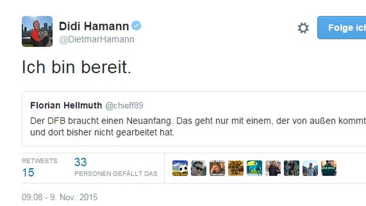 Sollte der DFB Schwierigkeiten haben, über die Interimslösung hinaus einen Nachfolger für Niersbach zu finden - ein früherer Bayern-Profi würde aus freien Stücken ja sagen. "Ich bin bereit", lässt Didi Hamann bei Twitter wissen