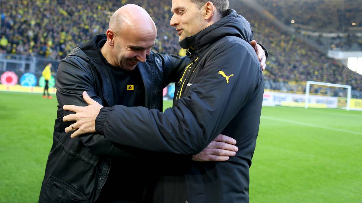 Größere Sorgen hat Tuchels Gladbacher Kollege Andre Schubert (l.). Nach sieben Spielen ohne Sieg steht Schubert in der Kritik - auch wenn sich die Klubführung zu ihm bekennt