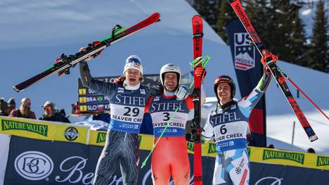 Lucas Pinheiro Braathen (links), Thomas Tumler (Mitte) und Zan Kranjec in Beaver Creek