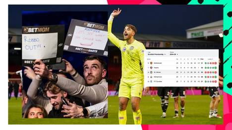 Kuriose Szene am zweiten Spieltag der Premier League of Darts. Zach Hamming, der Torwart von St. Mirren, fordert im Publikum die Entlassung seines Trainers.