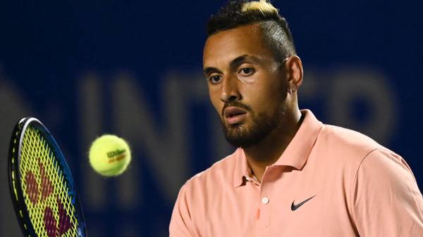 Australia's Nick Kyrgios hits the ball during his Mexico ATP Open 500 men's singles tennis match against France's Ugo Humbert in Acapulco, Guerrero State, Mexico on February 25, 2020. (Photo by PEDRO PARDO / AFP) (Photo by PEDRO PARDO/AFP via Getty Images)