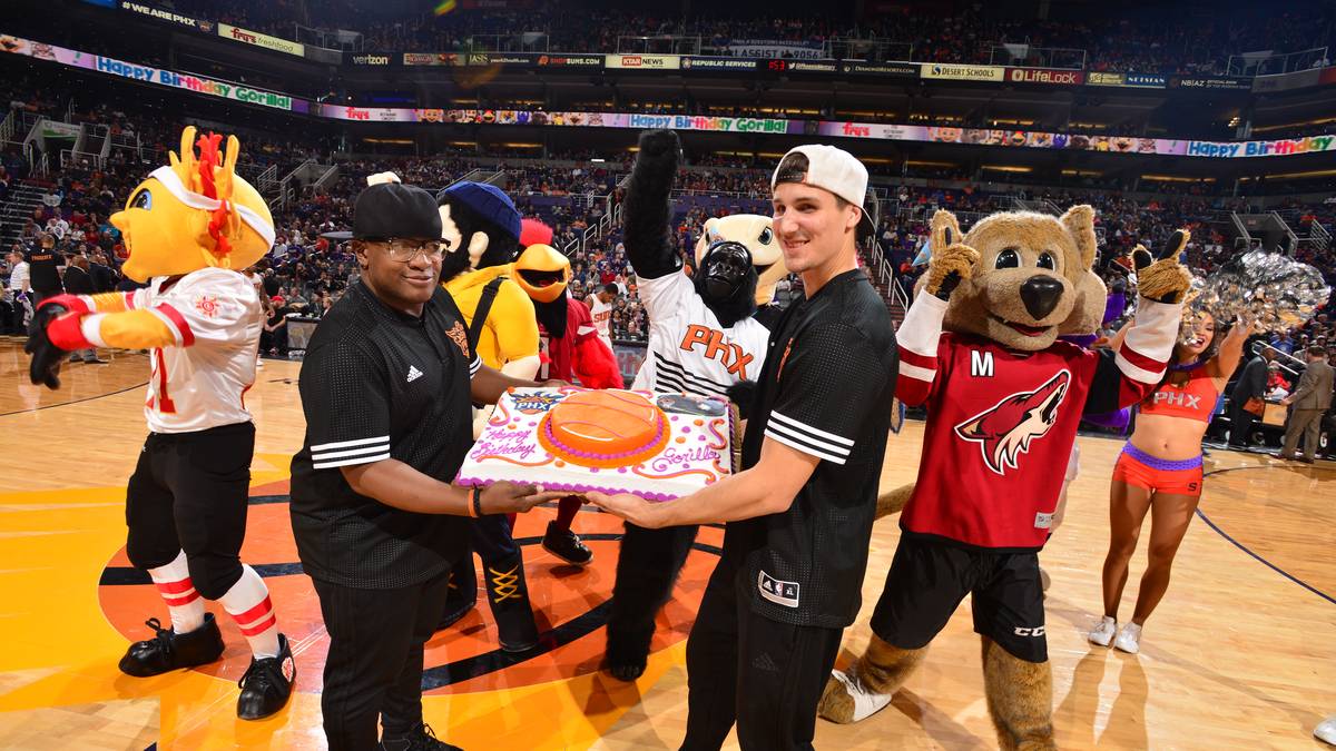 So kann der berühmte Suns-Gorilla mit den anderen Maskottchen doch noch gut gelaunt seinen Geburtstag feiern und seine Torte genießen