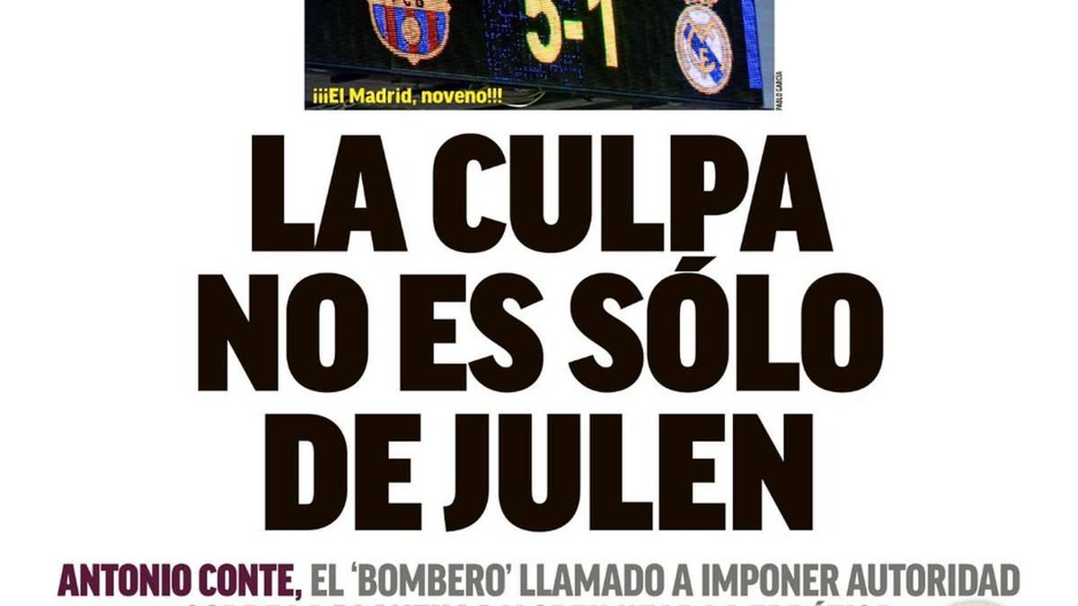 Auf ihrem Cover am Montag nimmt sie Lopetegui vor dessen Entlassung in Schutz. "Die Schuld liegt nicht nur bei Julen", heißt es. Darüber zu sehen: Das Endergebnis im Camp Nou