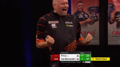 Raymond van Barneveld schlägt im zweiten Gruppenspiel der Gruppe A des Grand Slam of Darts Gerwyn Price mit 5:4 und springt auf Platz 1.