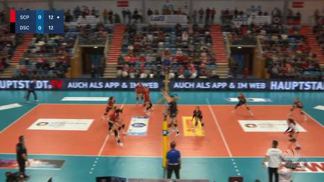 Der Dresdner SC und der SC Potsdam liefern sich im Halbfinal-Playoffs der Bundesliga einen starken Ballwechsel. Riesen Punkt für Dresden nach wichtigem Blocken. 