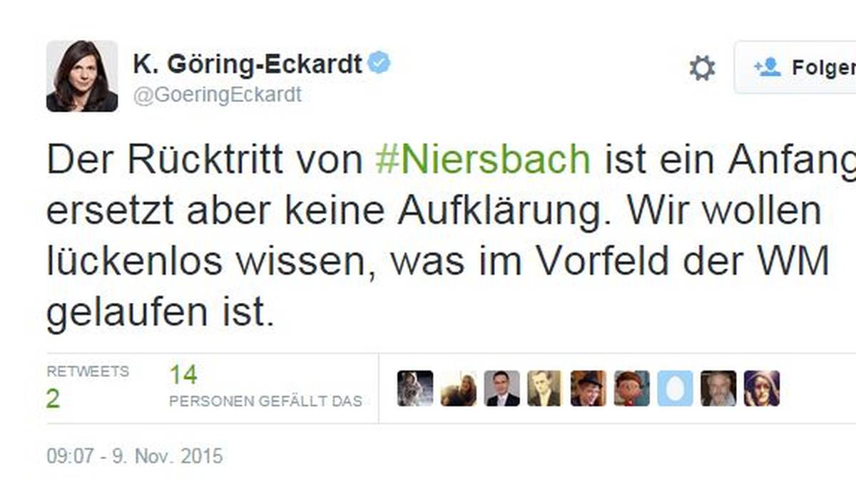 Grünen-Politikerin Katrin Göring-Eckardt macht sich unterdessen für eine Aufarbeitung der Affäre stark. "Wir wollen lückenlos wissen, was im Vorfeld gelaufen ist", schreibt die Politikerin bei Twitter