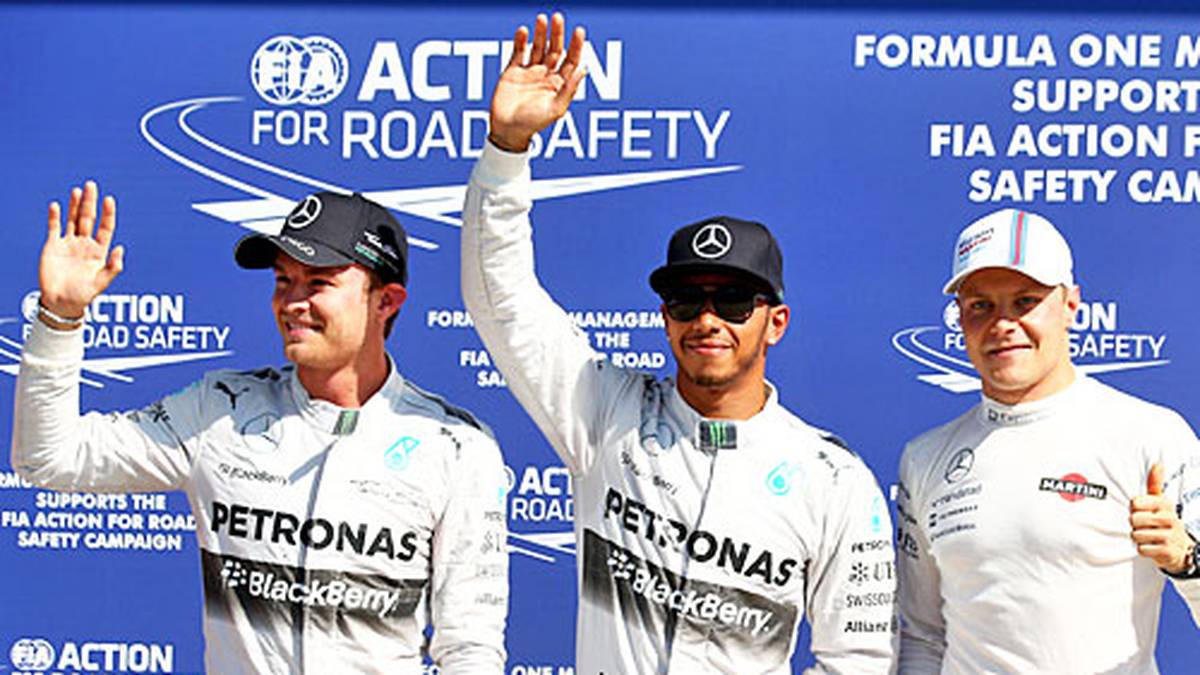 Wohl dem, der einen Mercedesmotor sein eigen nennen darf. Das gilt vor allem auch fürs Williamsteam. Der Finne Valtteri Bottas (r.) wird Dritter - vor seinem Kollegen Felipe Massa, Brasilien. Rosberg (l.) und Hamilton (M.) machen derweil gute Miene zum bösen Spiel und loben auf der Pressekonferenz die angebliche Eintracht bei Mercedes