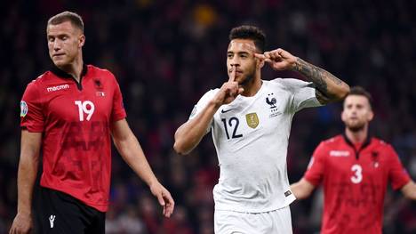 France's midfielder Corentin Tolisso (C) celebrates after scoring a goal during the Euro 2020 Group H football qualification match between Albania and France at the Air Albania Stadium in Tirana, on November 17, 2019. (Photo by FRANCK FIFE / AFP) (Photo by FRANCK FIFE/AFP via Getty Images)