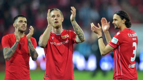 Sebastian Polter (Mitte) kündigt seinen Abschied vom 1. FC Union Berlin an