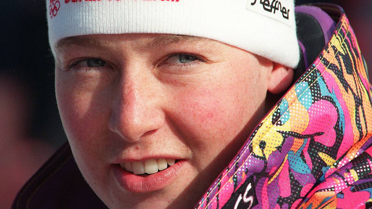Austrian skier Petra Kronberger smiles in the fini