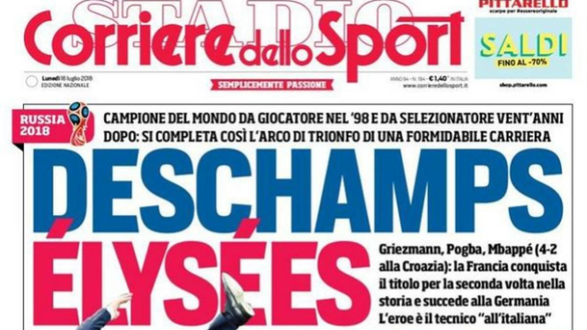 CORRIERE DELLO SPORT: "Französischer Triumph im Finale. Das Wunder wiederholt sich nach 20 Jahren. Frankreich erklimmt die Fußballspitze. Die Franzosen siegen mit Talent und Qualität, aber auch mit dem strategischen Geschick ihres Trainers"