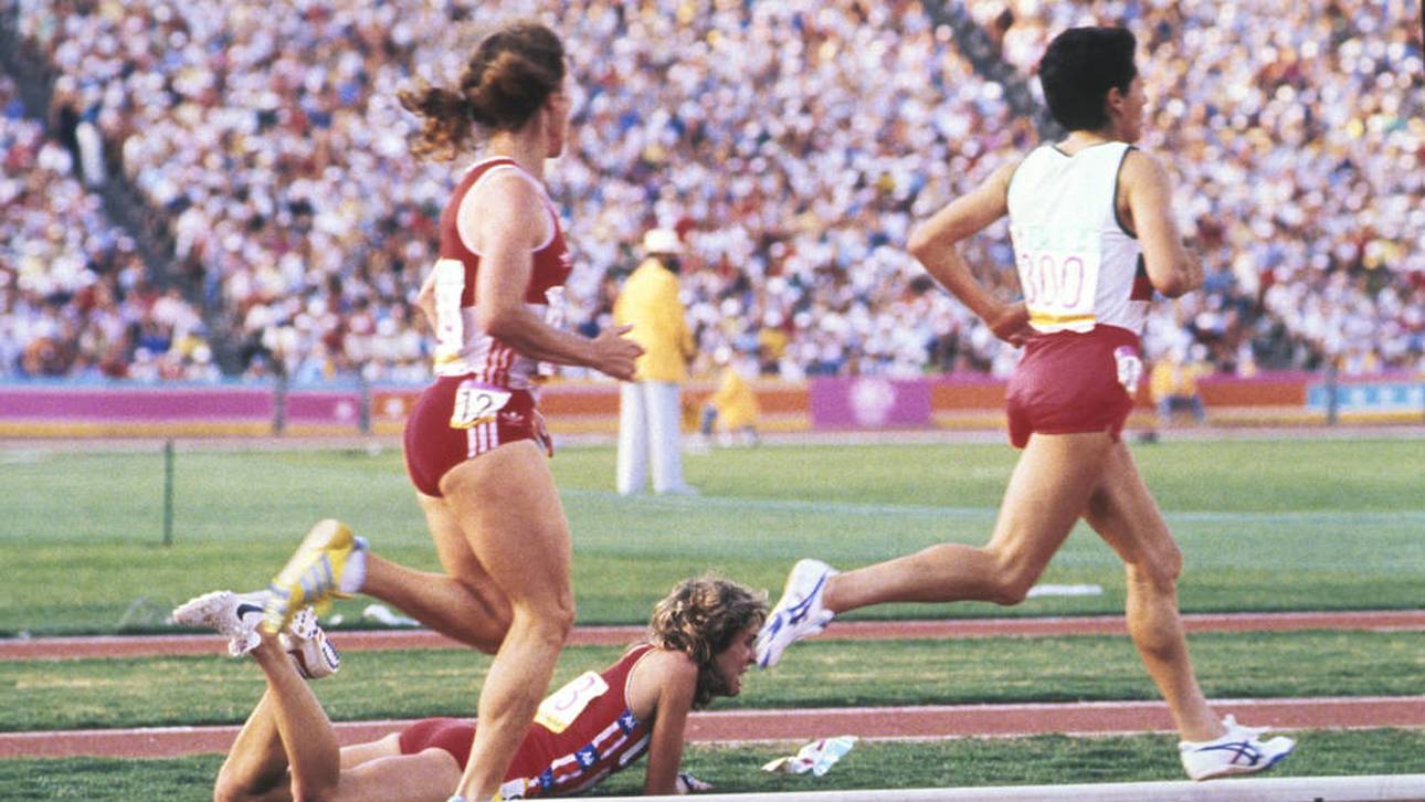 Mary Decker kam bei Olympia 1984 nach einer Kollision mit Zola Budd (nicht im Bild) zu Fall
