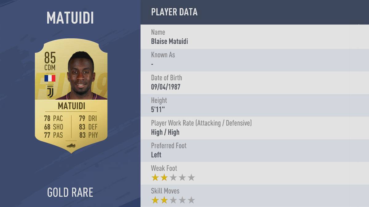 PLATZ 96: BLAISE MATUIDI - STÄRKE 85: Als Weltmeister zieht er im defensiven Mittelfeld bei Juventus die Fäden - und profitiert dabei auch in FIFA 19 von seiner Physis