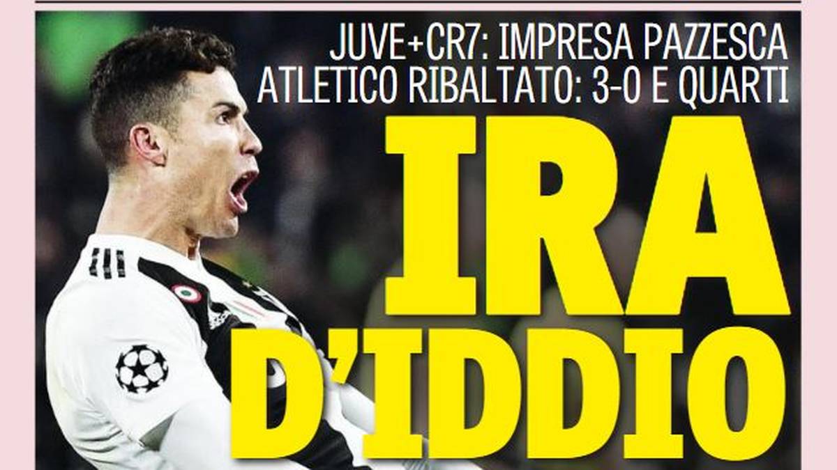GAZZETTA DELLO SPORT: "Eine wahnsinnige Leistung! Juves Spieler sind die Helden eines perfekten Matches. Der Sieg ist einem Marsmenschen mit der Trikotnummer 7 zu verdanken, der Cristiano Ronaldo heißt. Juve ist weiterhin in Europa dabei und kann den Champions-League-Titel gewinnen."