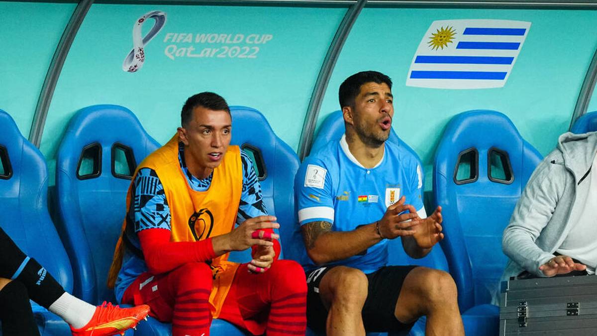 Luis Suárez (r.) scheidet mit Uruguay auf der Bank sitzend aus