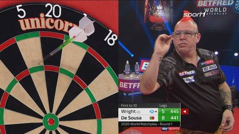 Peter Wright steht gegen Jose de Sousa mit dem Rücken zur Wand. Dann packt der Schotte den Brillen-Trick aus.