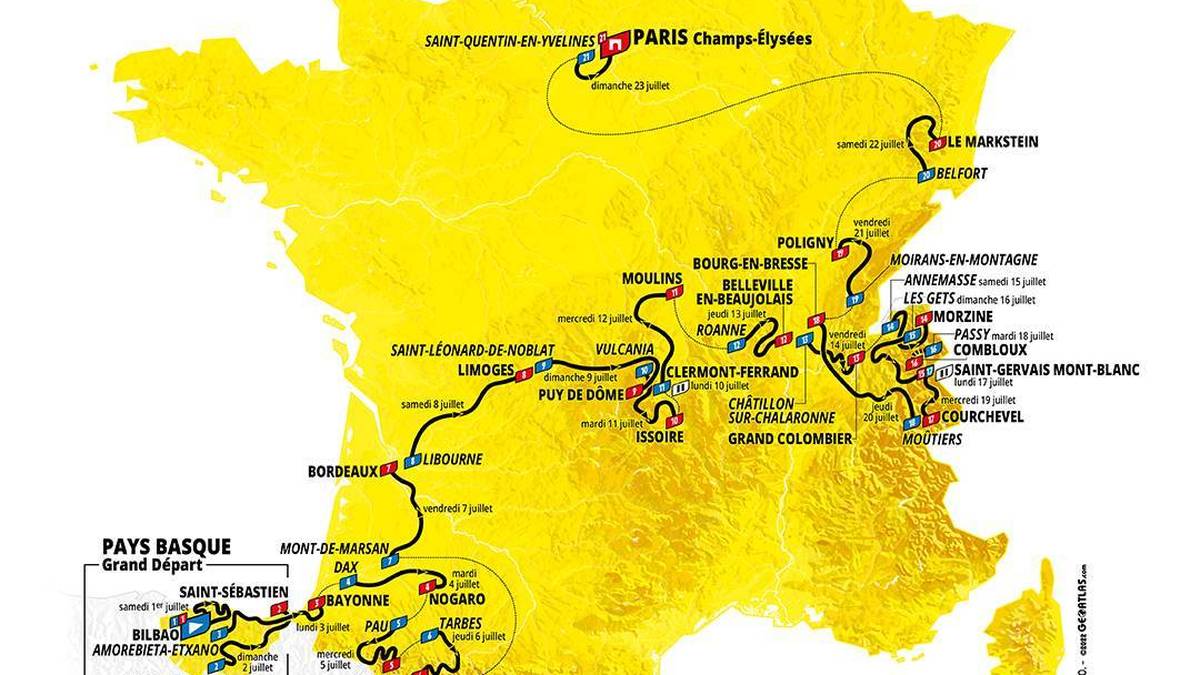 Der Tour-Auftakt in der Autonomen Gemeinschaft Baskenland wird der zweite nach dem Grand Départ in San-Sebastián von 1992 und der 25. außerhalb Frankreichs sein. Nach drei Etappen auf der Südseite der Pyrenäen verläuft die restliche Tour durch Frankreich: Auf dem Programm stehen sechs Regionen und 23 Departements.