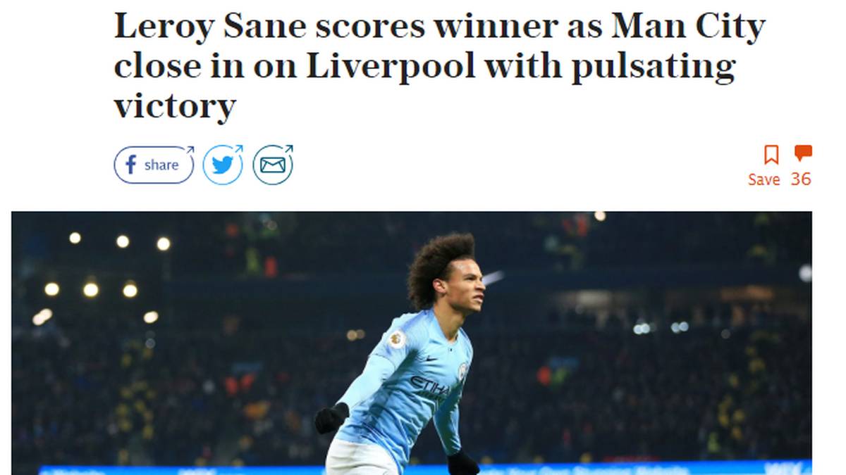 THE TELEGRAPH - "Pep Guardiola und Manchester City zeigen ihre grobe Seite, um Liverpool in die Knie zu zwingen und das Titelrennen am Leben zu erhalten. Sane ragt dabei besonders heraus"