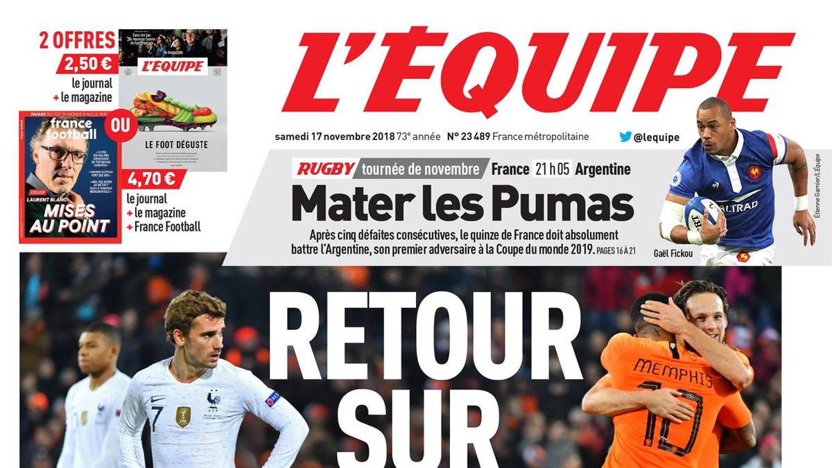 FRANKREICH - L'EQUIPE: "Deutschland ist abgestiegen. Frankreich jedoch ist von Deutschland abhängig. Frankreich kann die Endrunde nur erreichen, wenn Deutschland Holland schlägt"
