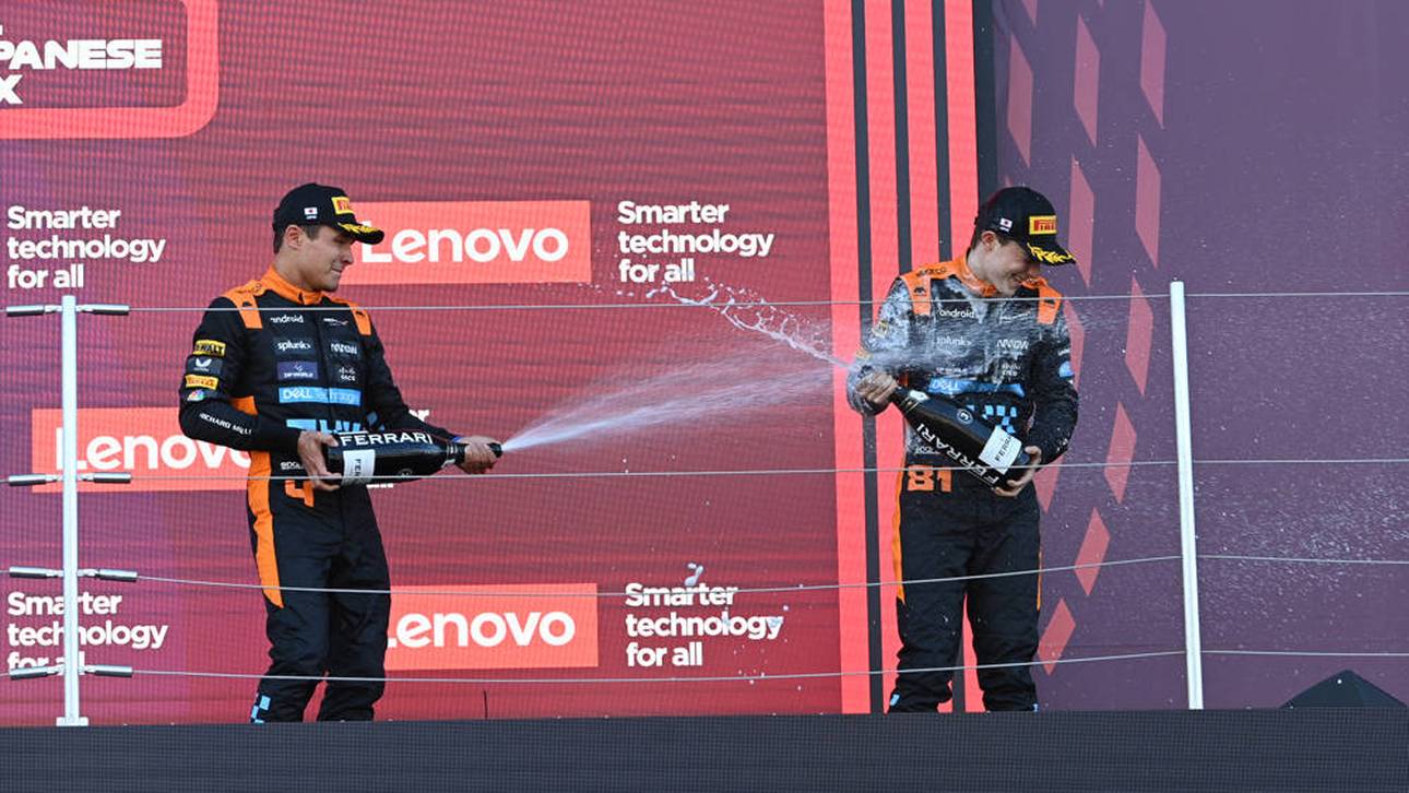 Lando Norris (l.) gab Teamkollege Oscar Piastri eine Champagner-Dusche