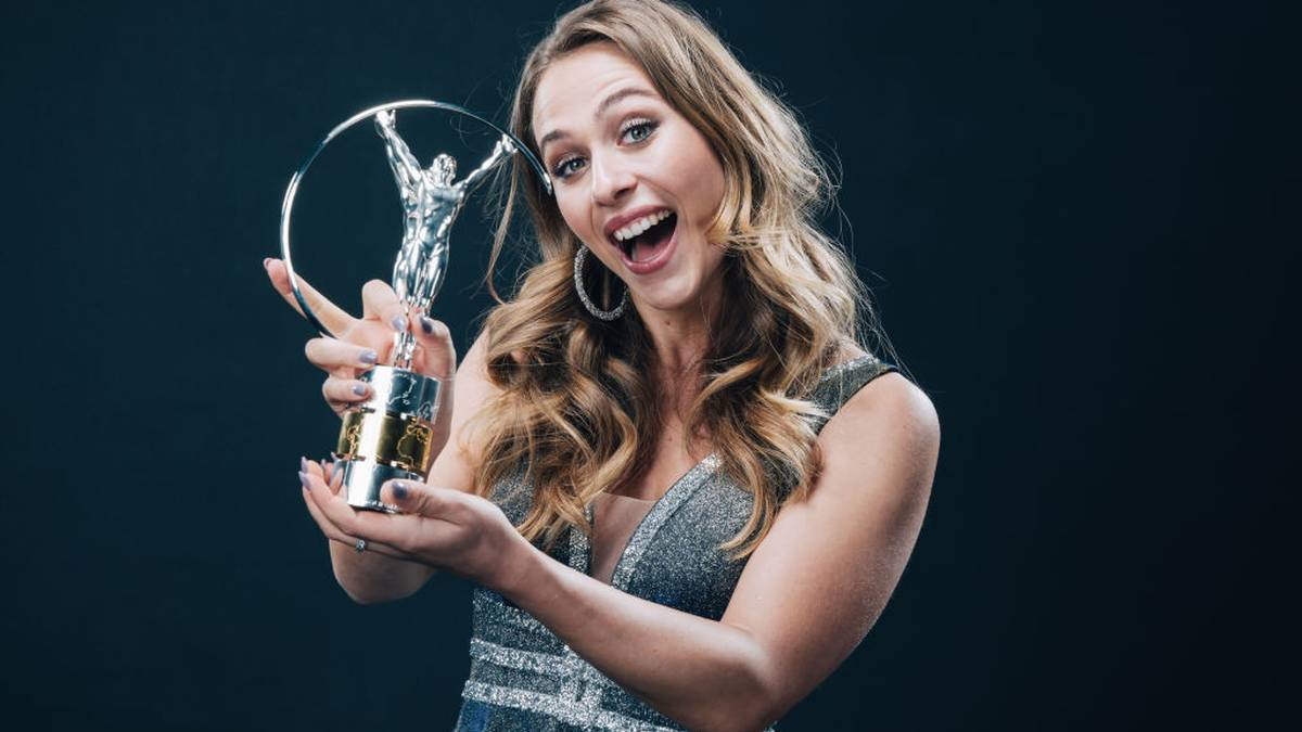 BERLIN, GERMANY - FEBRUARY 17: Laureus World Comeback of the Year winner Sophia Floersch poses with the trophy at the Verti Hall during the 2020 Laureus World Sports Awards on February 17, 2020 in Berlin, Germany. (Photo by Simon Hofmann/Getty Images for Laureus)