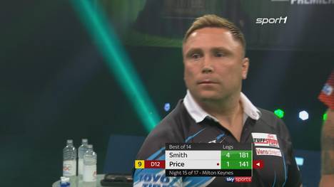 Gerwyn Price scheitert nur an der Doppel 12 auf dem Weg zum perfekten Spiel. Am Ende steht ein Unentschieden gegen Michael Smith.