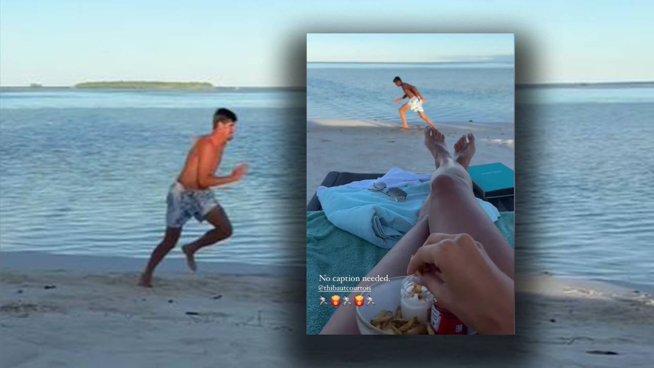 Mishel Gerzig beobachtet Thibaut Courtois mit Pommes beim Strand-Workout