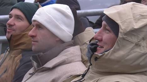 Felix Neureuther, Thomas Müller und Bastian Schweinsteiger (v.li.) beim Slalom in Kitzbühel