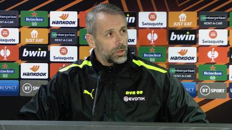 Marco Rose gibt auf der Pressekonferenz vor dem Rückspiel gegen die Glasgow Rangers in der UEFA Europa League ein Update zu Erling Haaland.