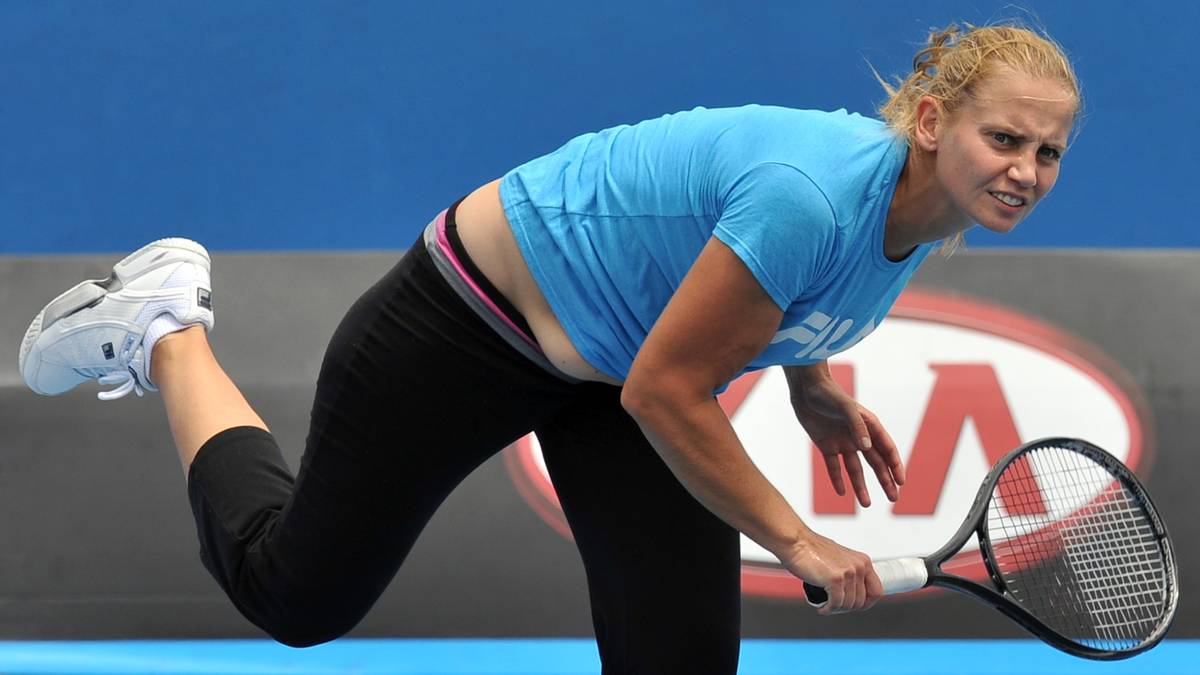 Jelena Dokic of Australia eyes a serve d