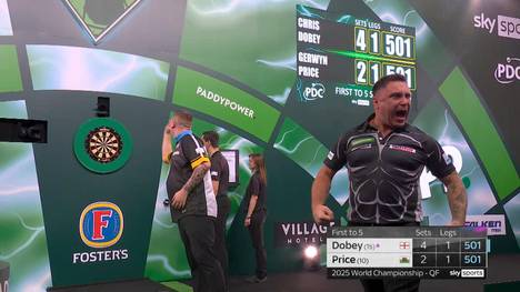 Gerwyn Price scheitert im Viertelfinale der Darts WM 2025 an Chris Dobey - und legt sich dabei immer wieder mit den Fans im Ally Pally an.