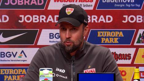 Stuttgart-Trainer Sebastian Hoeneß spricht auf der Pressekonferenz über einen möglichen Einsatz von Torjäger Sehrou Guirassy gegen Bayer Leverkusen im DFB-Pokal.