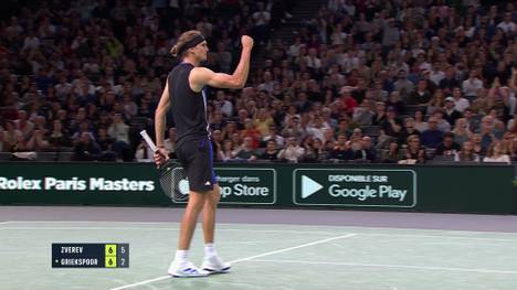 Alexander Zverev trifft in der 2. Runde bei den Rolex Paris Masters auf Tallon Griekspoor. In einem engen ersten Satz kämpft sich Zverev nach und nach ins Spiel - und weiß spätestens im Tiebreak auch zu glänzen.