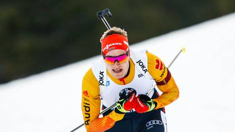 RUHPOLDING, GERMANY - JANUARY 16: Benedikt Doll of Germany takes 3rd place during the IBU Biathlon World Cup Men's 10 km Sprint Competition on January 16, 2020 in Ruhpolding, Germany. (Photo by Stanko Gruden/Agence Zoom/Getty Images)