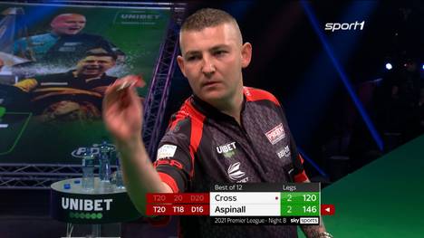 Nathan Aspinall bleibt in der Premier League zum sechsten Mal in Serie ungeschlagen. Gegen Rob Cross siegt "The Asp" knapp mit 7:5.