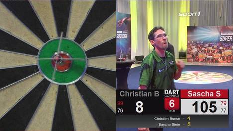 In der HYLO CARE PDC Europe Super League wird es im letzten Match des Abends noch einmal richtig spannend: mit einem 136er und 105er Finish holt sich Sascha Stein gegen Christian Bunse den Sieg.
