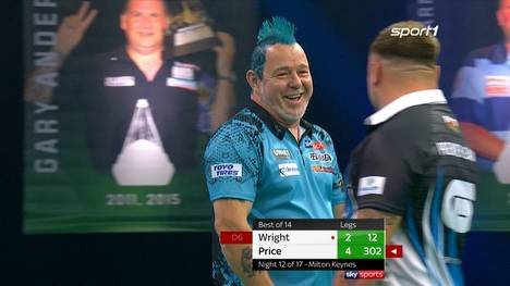 Zweimal 8 perfekte, einmal der 9-Darter. Peter Wright zeigt bei der Premier Leagze, warum er aktueller Darts-Weltmeister ist.