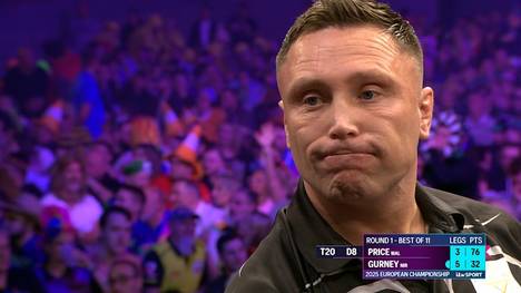 Gerwyn Price scheitert bei der Europameisterschaft in Dortmund in der ersten Runde an Daryl Gurney und wirft im Spiel 14 Darts am Doppelfeld vorbei.
