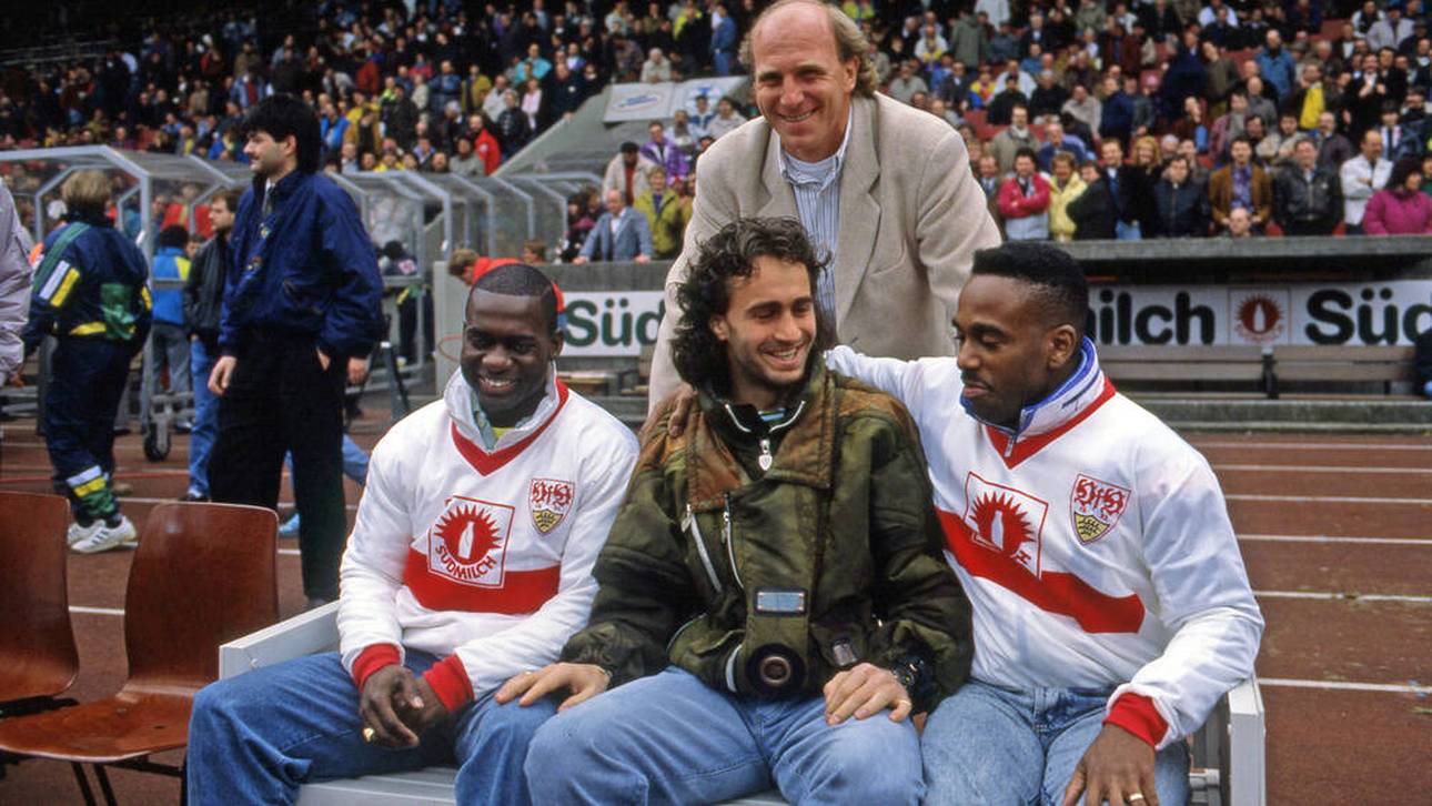 Ben Johnson (l.) und Sprint-Kollege Deasi Williams besuchten 1991 Maurizio Gaudino und Dieter Hoeneß beim VfB Stuttgart