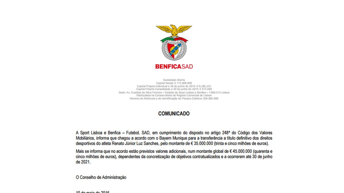 Die Stellungnahme von Benfica Lissabon zum Transfer