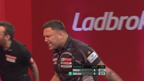 Die Sensation ist perfekt: Im Viertelfinale des Players Championship gewinnt Brendan Dolan gegen Weltmeister Gerwyn Price. Der "Iceman" hatte viel Pech, verfehlte unter anderem 17-Mal die Doppel in Folge.