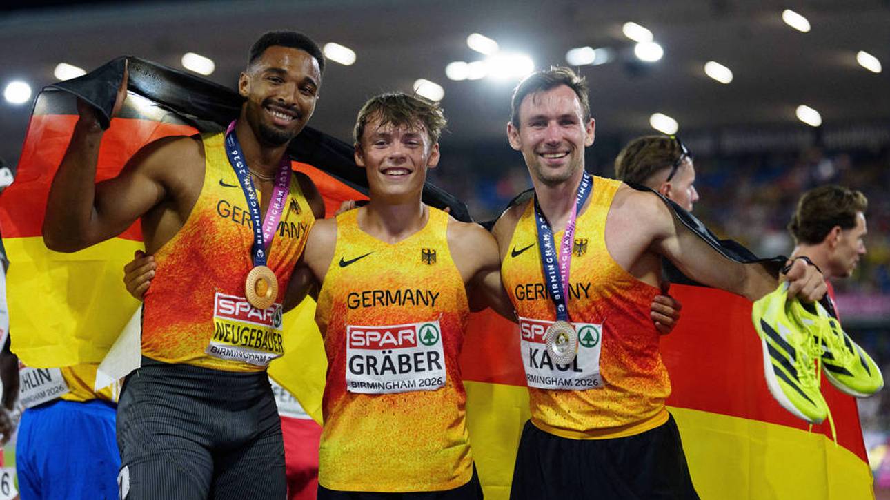 Die deutschen Athleten um Leo Neugebauer, Amadeus Gräber und Niklas Kaul (v. l. n. r.) zeigen bei der Europameisterschaft der Leichtathleten beeindruckende Ergebnisse